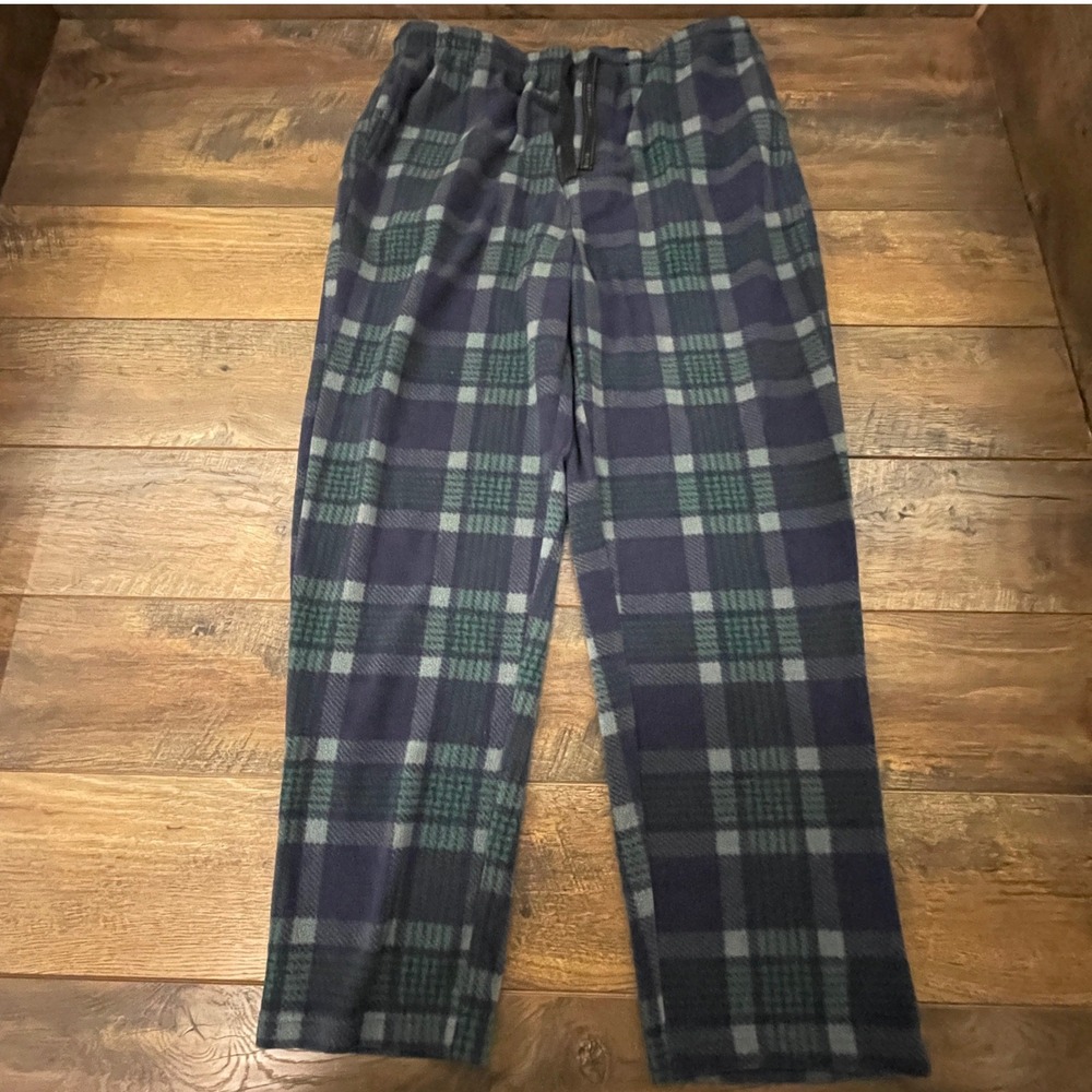 Perry Ellis Portfolio Mens XL Blue Green Plaid Fleece Pajama Pants Lounge Sleep